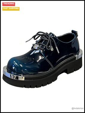 Men's Patent Leather Gradient Metal-Plate Platform Oxfords Non Slip Lug Sole